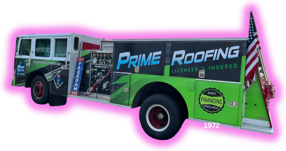 The lime-green Prime Roofing fire truck