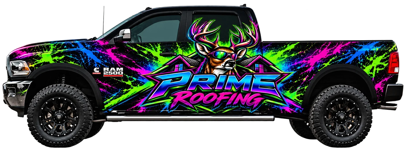 Prime Roofing wrapped Ram 2500 service truck serving Clarksville, West Tennessee and Northeast Arkansas